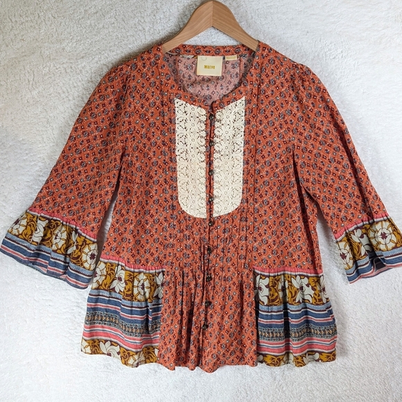 Maeve Anthropologie Bohemian Floral Print Top with Lace Detail - Picture 2 of 6